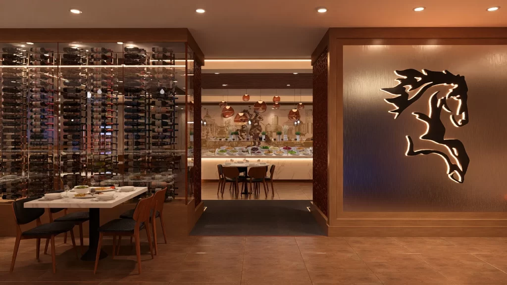 Interior with a wine display and Terra Gaucha logo on the wall.