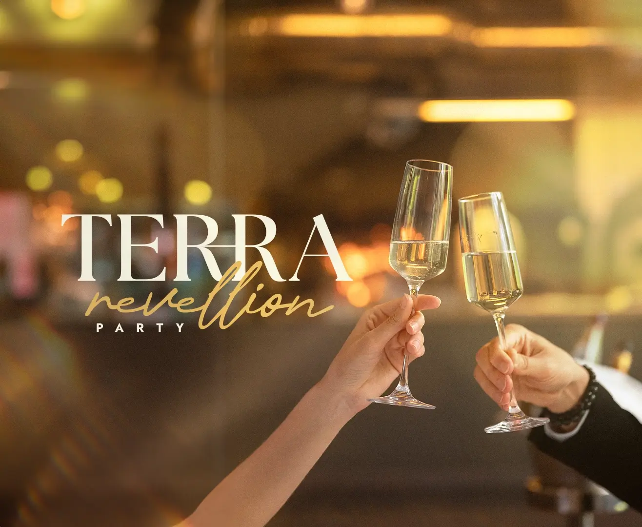 Two people clinking champagne glasses at a party with 'Terra Reveillon Party' text overlay.