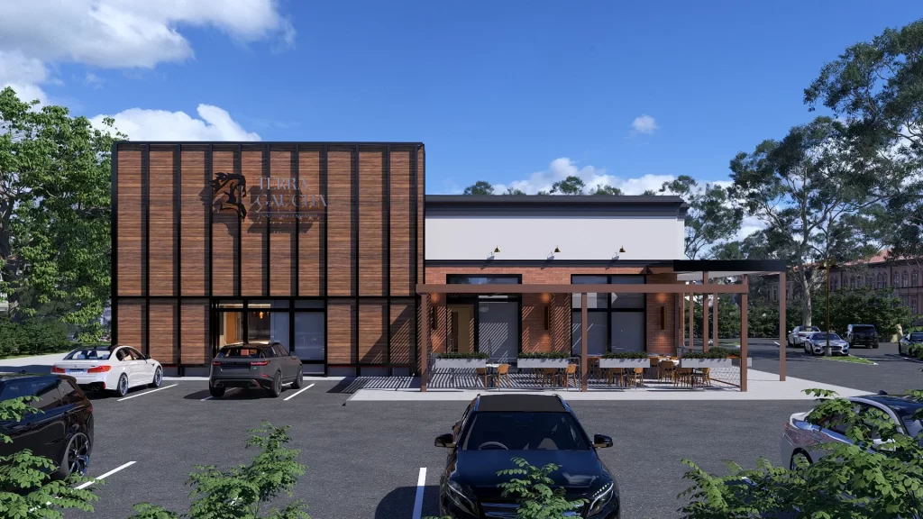  Side view of Terra Gaucha's exterior with wood paneling and outdoor seating.