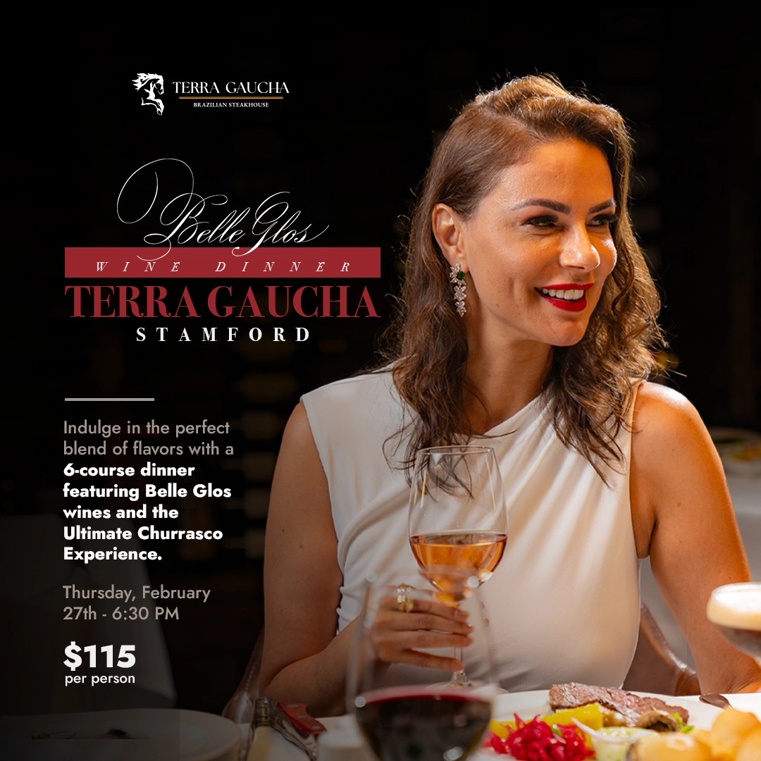 The flyer showcases a sophisticated dining atmosphere with a well-dressed woman enjoying a glass of wine, emphasizing elegance and fine dining