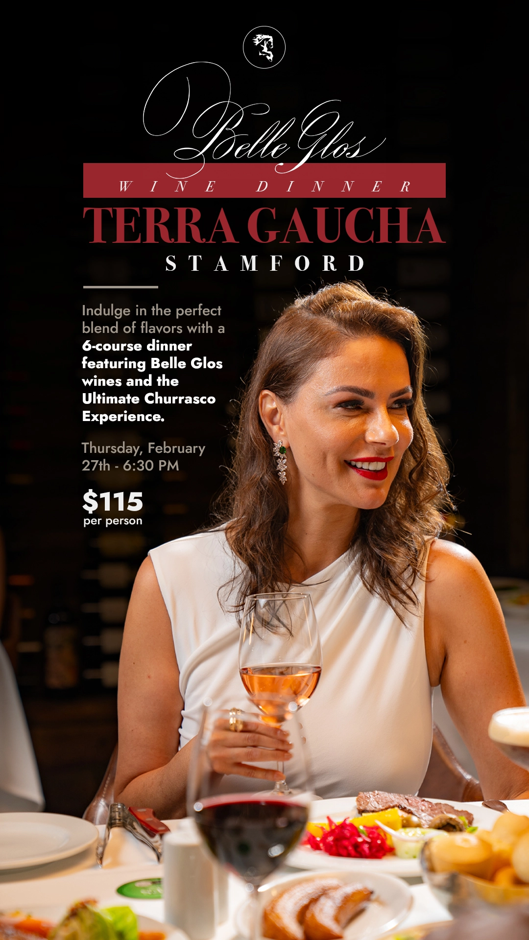 The flyer showcases a sophisticated dining atmosphere with a well-dressed woman enjoying a glass of wine, emphasizing elegance and fine dining