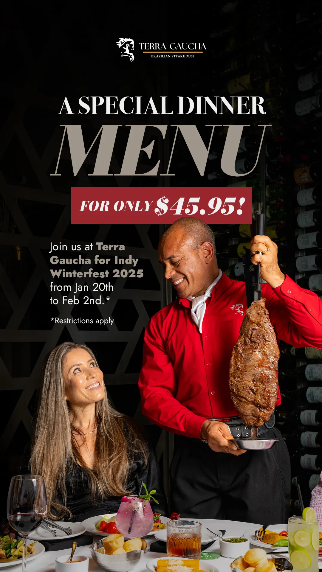 people smiling as a server in a red shirt presents skewered grilled meat at their table.