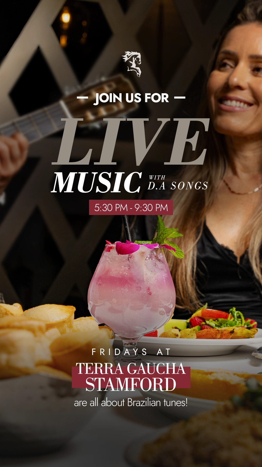 A woman enjoys live Brazilian music while sipping a colorful cocktail at Terra Gaucha Stamford. The ambiance includes a beautifully plated meal with side dishes like chips and salad. The event details highlight live music with D.A Songs from 5:30 PM to 9:30 PM, emphasizing the Brazilian vibe on Fridays at the restaurant.
