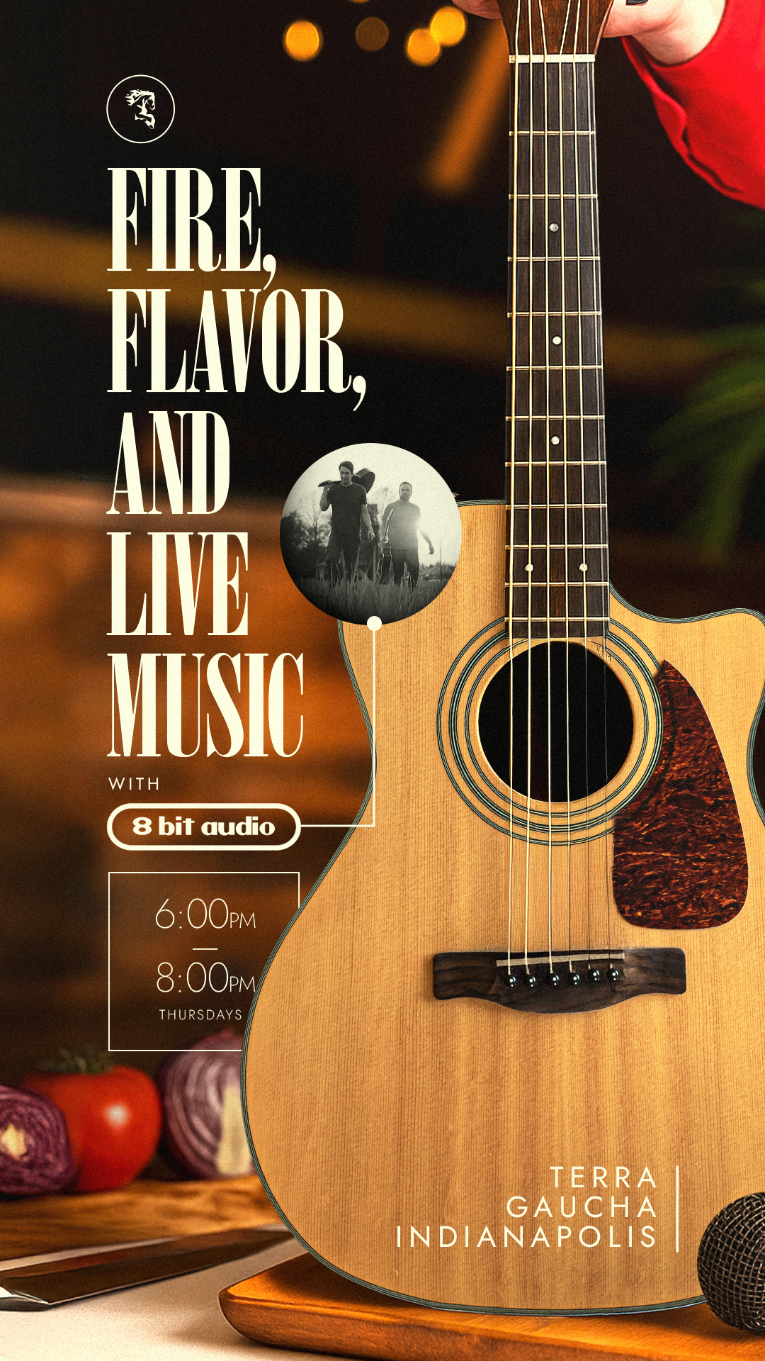 Promotional graphic featuring a close-up of an acoustic guitar against a warm, blurred background, overlaid with text announcing “Fire, Flavor, and Live Music with 8 bit audio, 6–8 PM Thursdays at Terra Gaucha Indianapolis.”