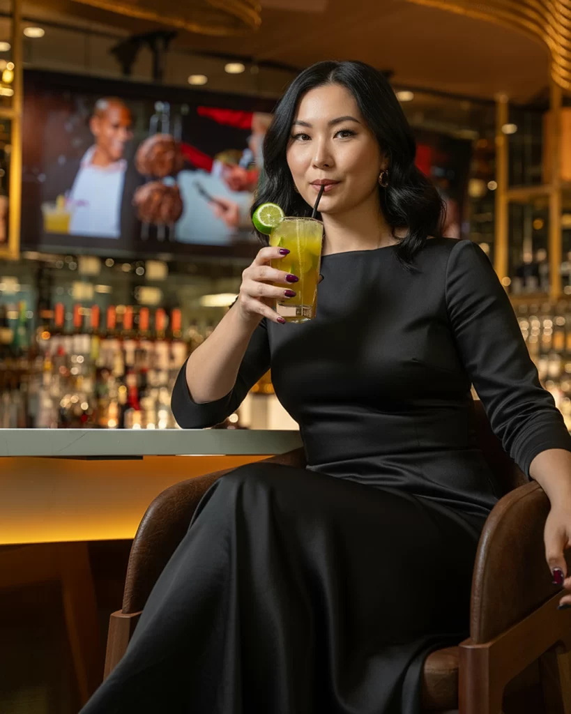 Stylish woman enjoying a cocktail at a modern bar with warm lighting and premium ambiance