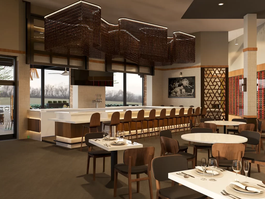 Upscale restaurant entrance featuring illuminated horse logo, geometric wood paneling, reception desk, and a floor-to-ceiling wine display wall