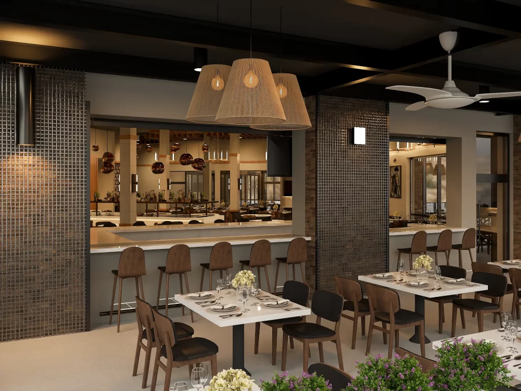 Contemporary dining space with long communal tables, wood ceiling beams, modern chandeliers, and neutral-toned decor