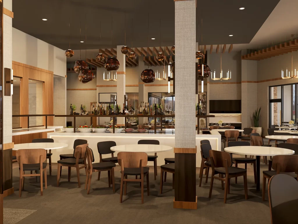 Sophisticated bar area with high wooden stools, soft ambient lighting, marble counter, and decorative hanging light fixtures