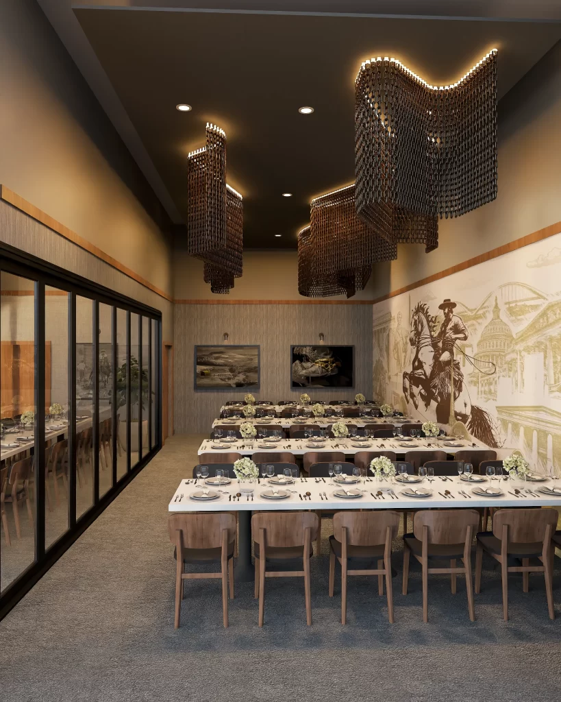 Contemporary dining space with long communal tables, wood ceiling beams, modern chandeliers, and neutral-toned decor