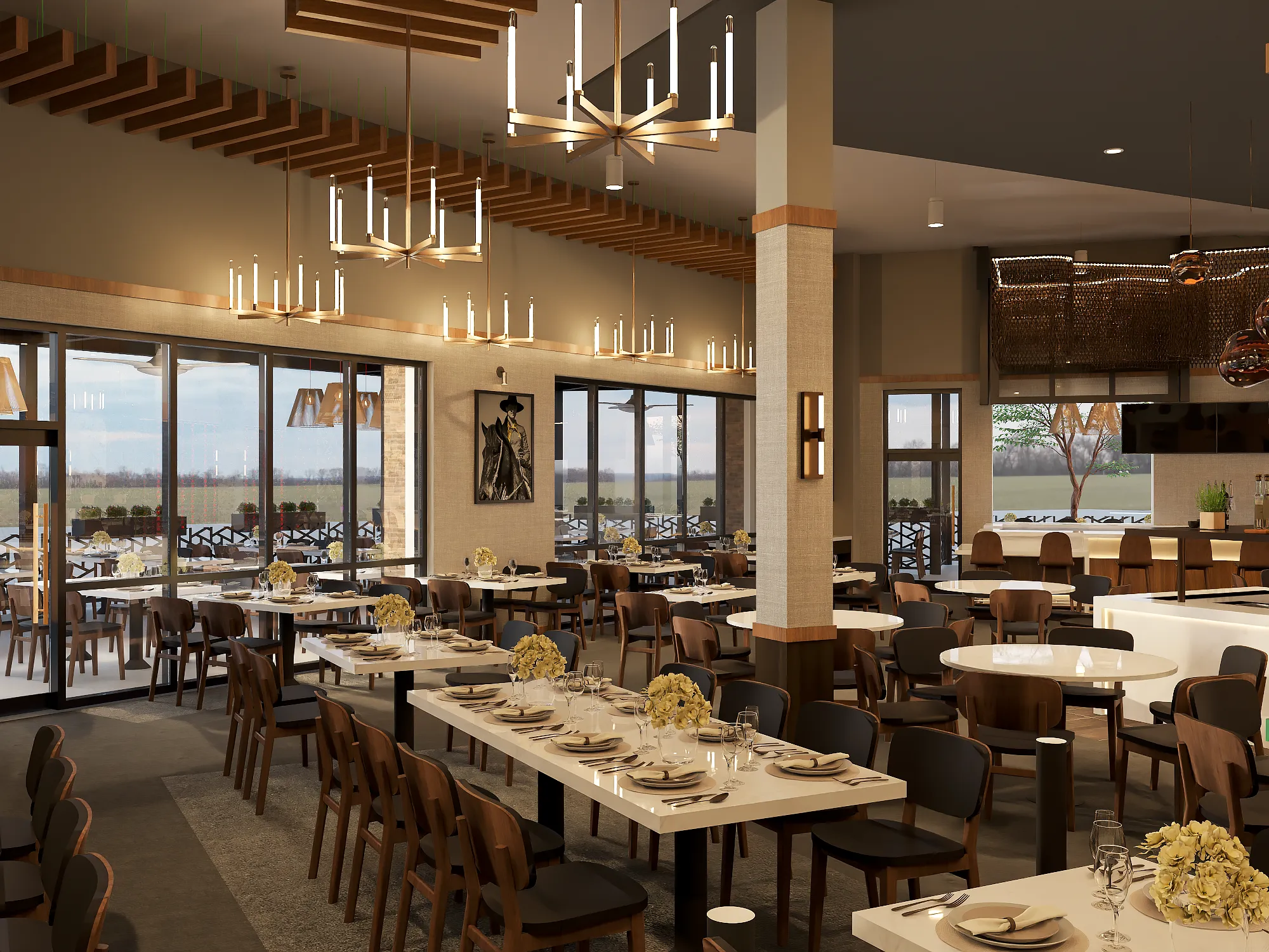 Elegant Brazilian steakhouse dining room with modern wooden chairs, white tables, warm lighting, and large windows overlooking an outdoor patio